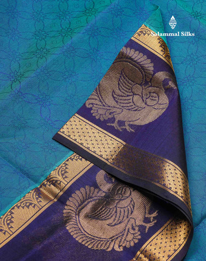 Beautiful Peacock Blue Emboss Design Handloom Pure Silk Cotton Saree With Navy Blue Traditiona Border