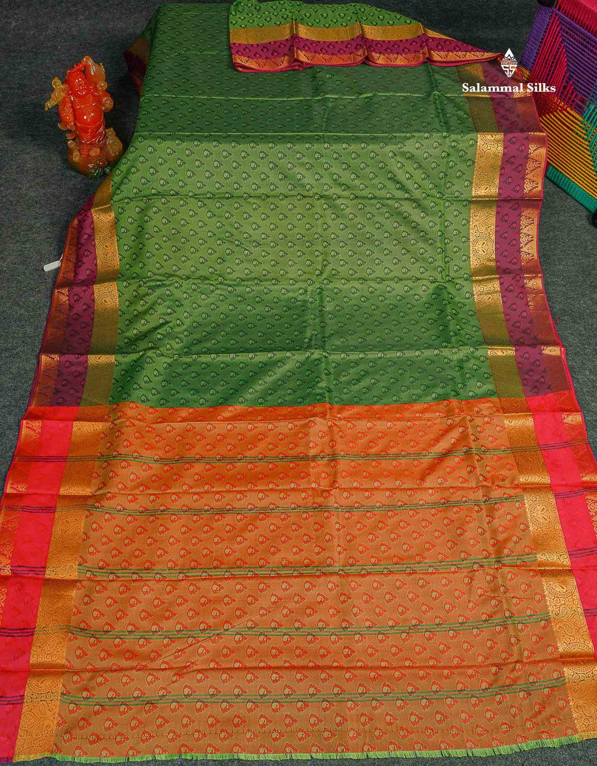Semi Silk Saree - Green Colour Body With Contrast Tomato Red Blouse