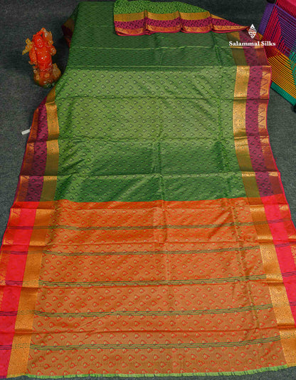 Semi Silk Saree - Green Colour Body With Contrast Tomato Red Blouse