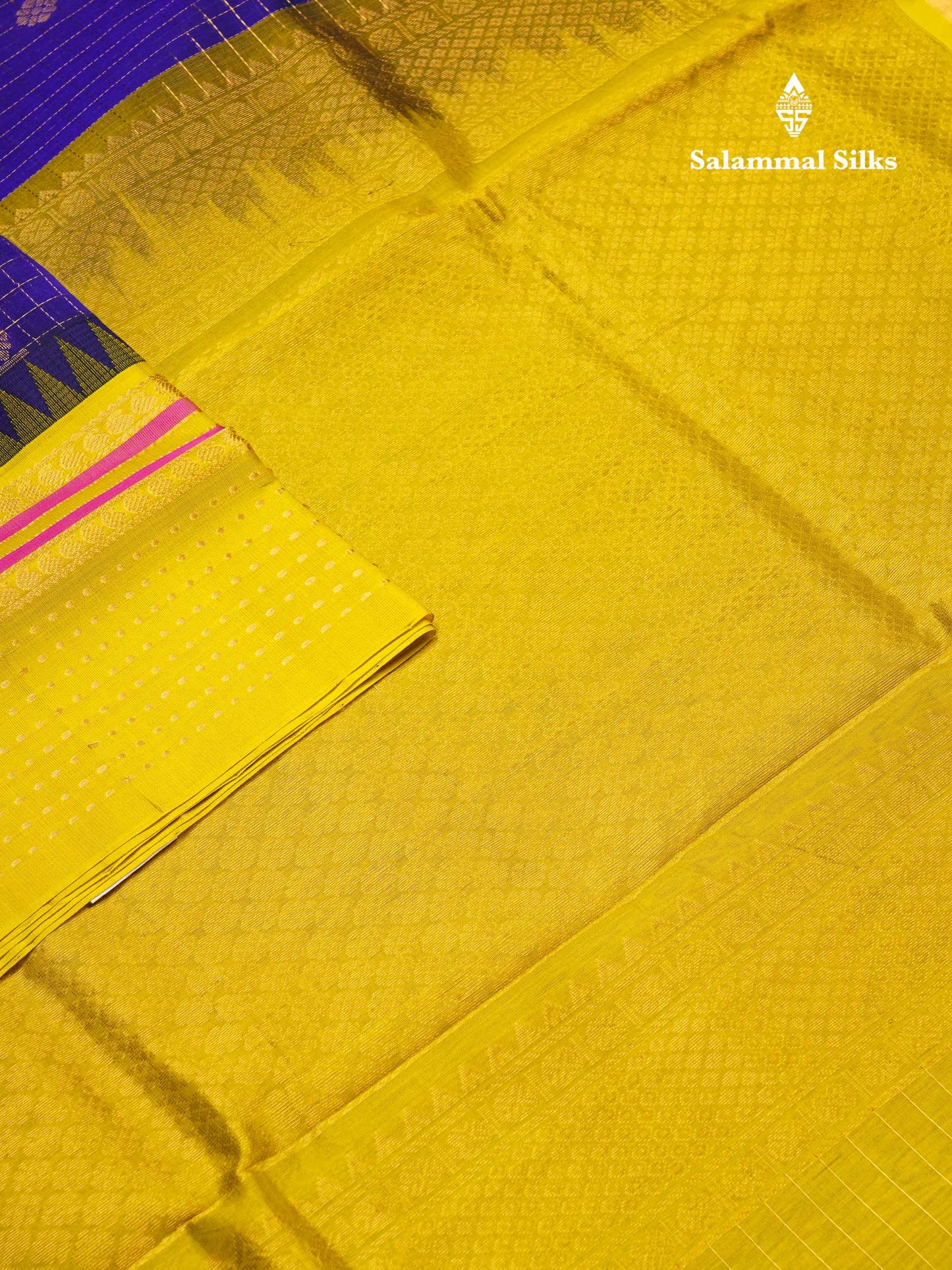 Beautiful Royal Blue Traditional Checks And Buttas Handloom Pure Silk Cotton Saree With Yellow Evening Morning Border