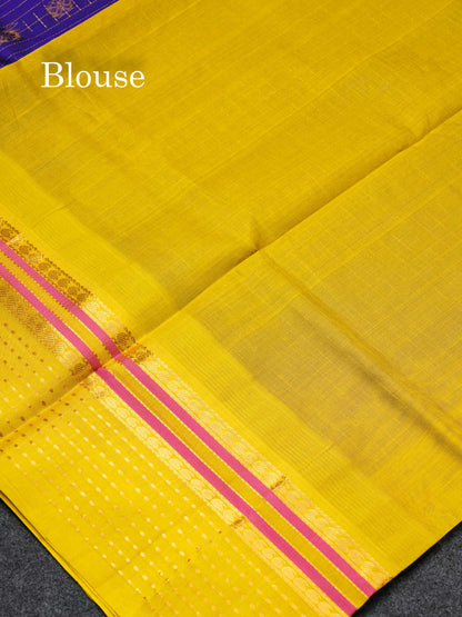 Beautiful Royal Blue Traditional Checks And Buttas Handloom Pure Silk Cotton Saree With Yellow Evening Morning Border