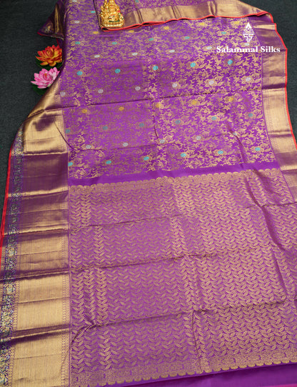 Violet Color Kanjivaram Pure Silk Saree with Contrast Blouse