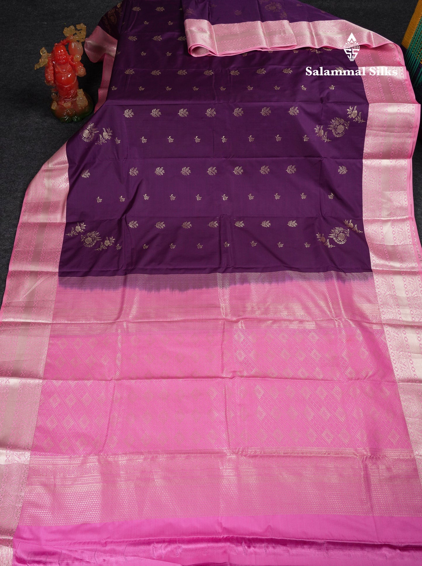 Beautiful Violet Semi Silk Saree With Contrast Baby Pink Traditional Border