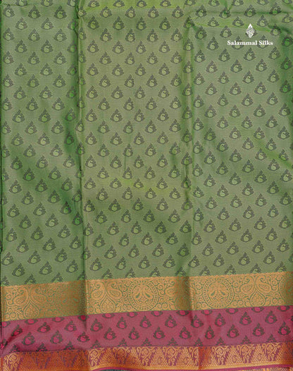 Semi Silk Saree - Green Colour Body With Contrast Tomato Red Blouse