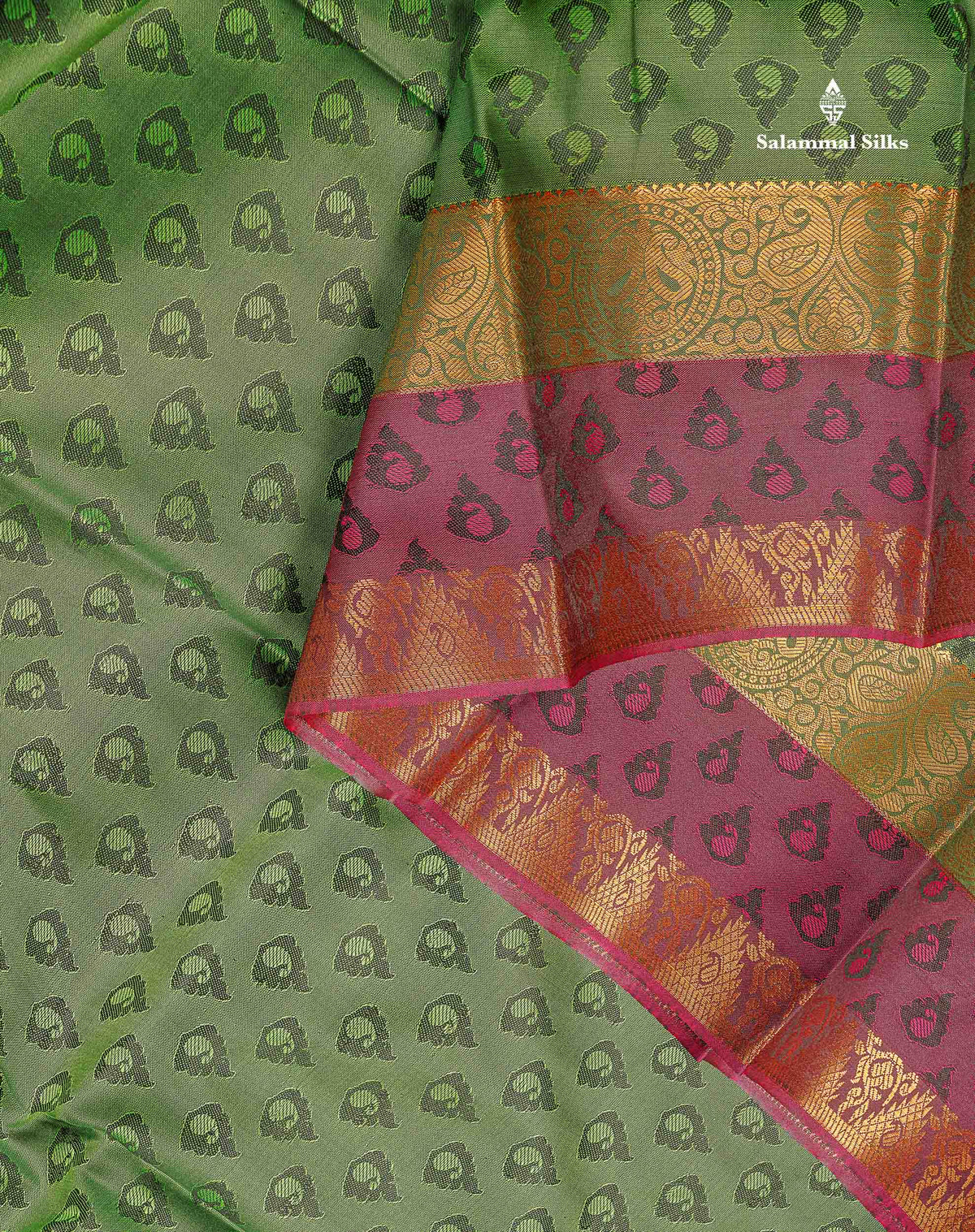 Semi Silk Saree - Green Colour Body With Contrast Tomato Red Blouse