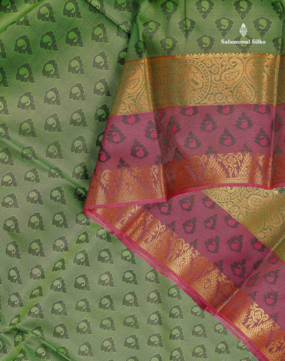 Semi Silk Saree - Green Colour Body With Contrast Tomato Red Blouse
