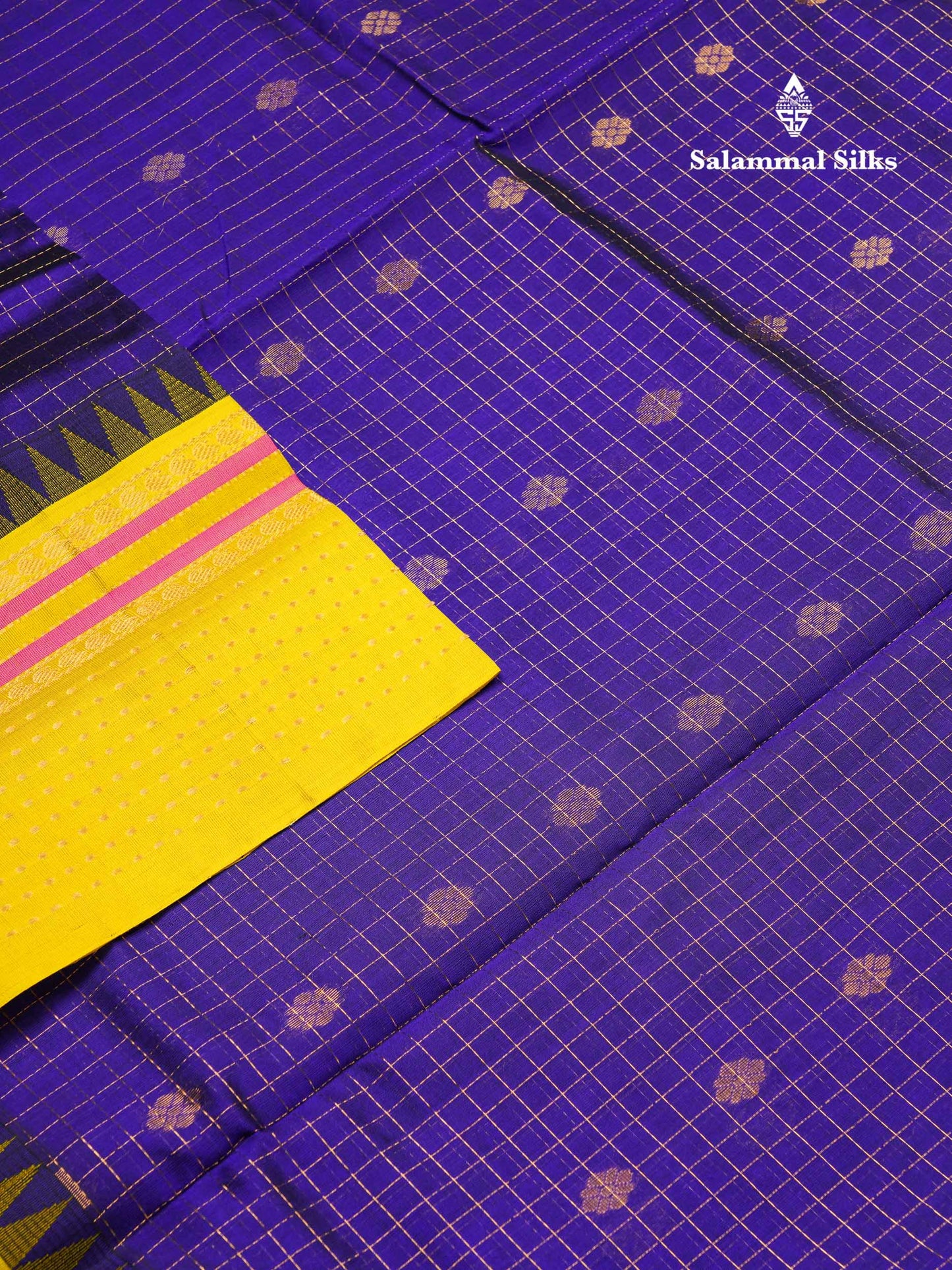 Beautiful Royal Blue Traditional Checks And Buttas Handloom Pure Silk Cotton Saree With Yellow Evening Morning Border