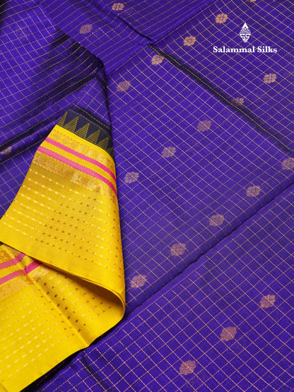 Beautiful Royal Blue Traditional Checks And Buttas Handloom Pure Silk Cotton Saree With Yellow Evening Morning Border