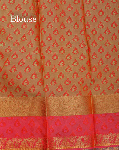 Semi Silk Saree - Green Colour Body With Contrast Tomato Red Blouse