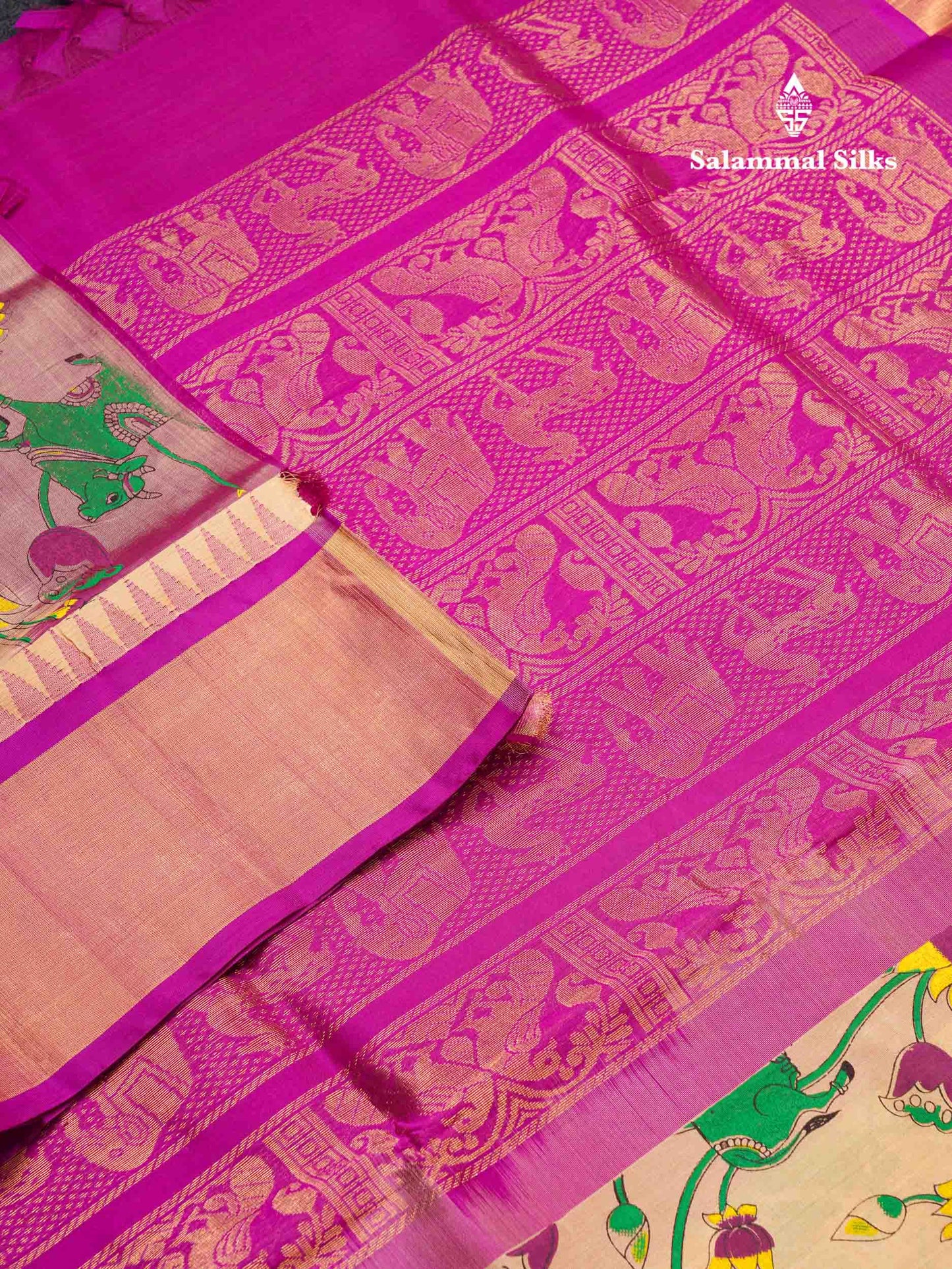 Beautiful Onion Pink Kalamkari Design Pure Silk Cotton Saree With Contrast Violet Border