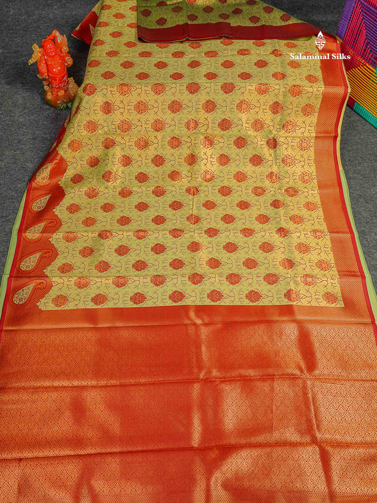 Semi Silk Saree - Pista Green Colour Body With Contrast Maroon Turning Fancy Border