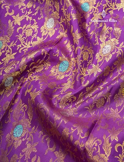 Violet Color Kanjivaram Pure Silk Saree with Contrast Blouse