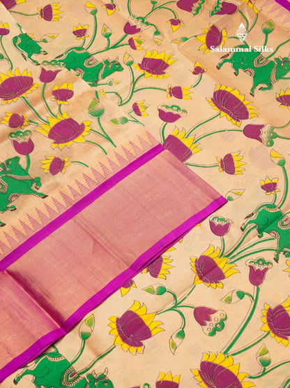 Beautiful Onion Pink Kalamkari Design Pure Silk Cotton Saree With Contrast Violet Border