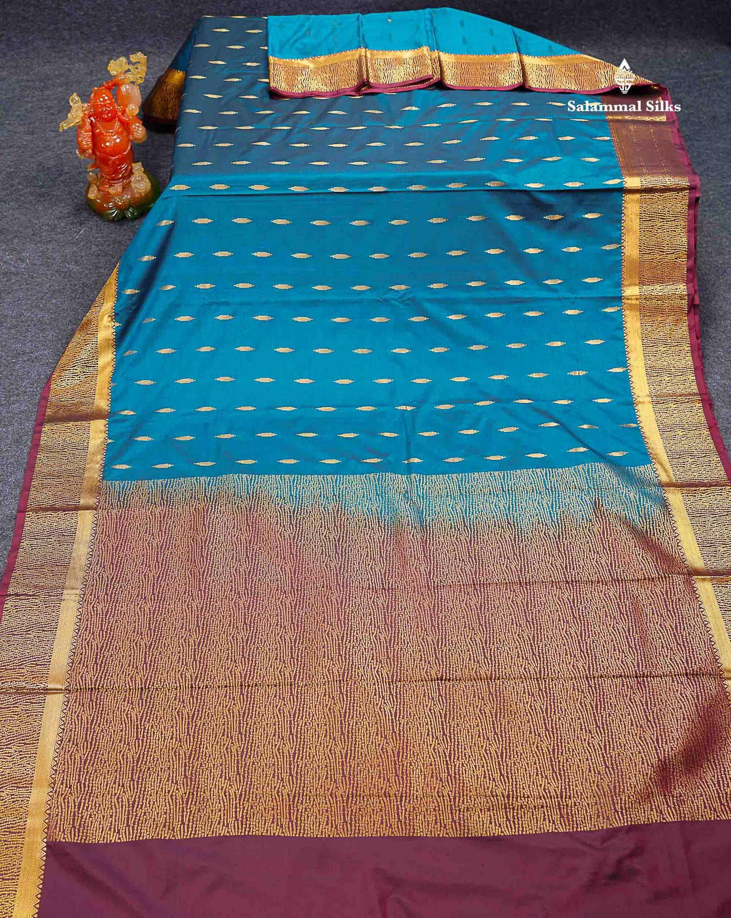 Beautiful Olive Green Malli Moggu Butta Semi Silk Saree With Contrast Dark Brown Fancy Border