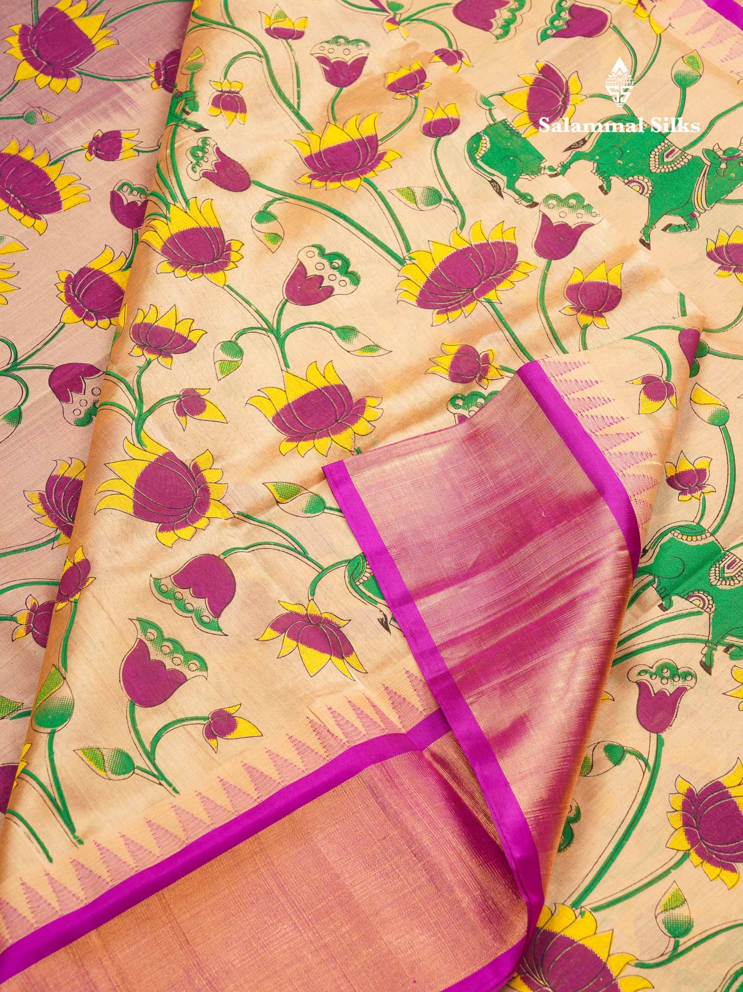 Beautiful Onion Pink Kalamkari Design Pure Silk Cotton Saree With Contrast Violet Border