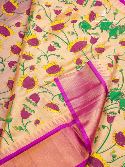 Beautiful Onion Pink Kalamkari Design Pure Silk Cotton Saree With Contrast Violet Border