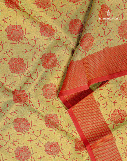 Semi Silk Saree - Pista Green Colour Body With Contrast Maroon Turning Fancy Border