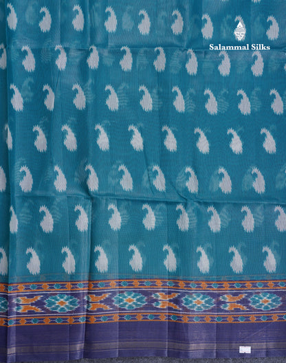 Beautiful Peacock Green Mixed Cotton Saree With Contrast Violet Blouse