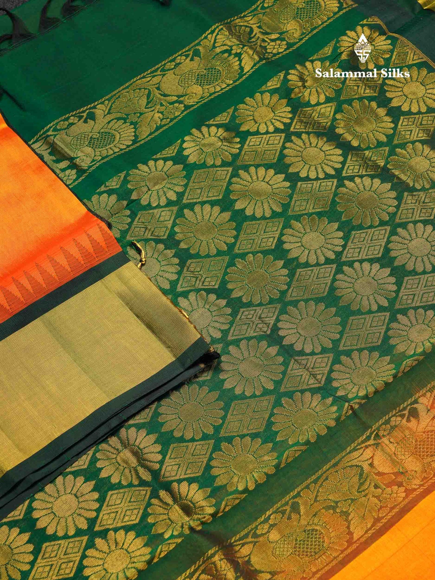 Beautiful Mango Yellow Plain Handloom Pure Silk Cotton Saree With Bottle Green Traditional Temple Border