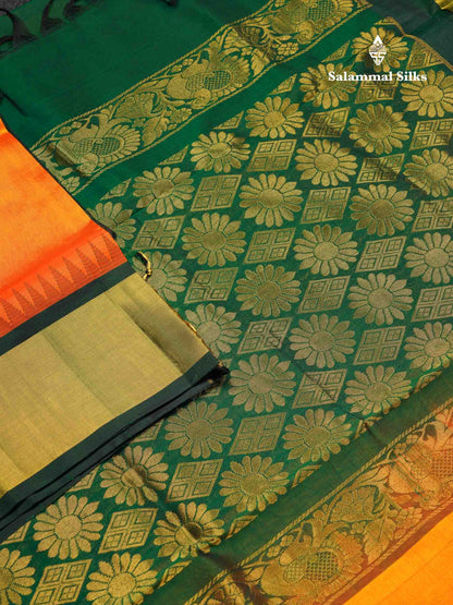 Beautiful Mango Yellow Plain Handloom Pure Silk Cotton Saree With Bottle Green Traditional Temple Border