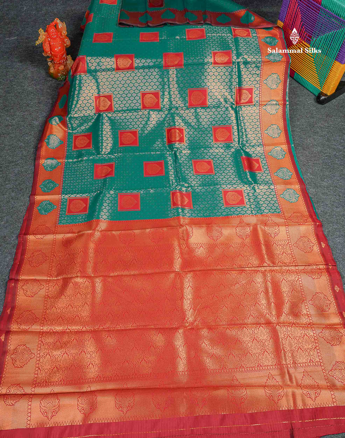 Semi Silk Saree - Peacock Green Colour Body With Contrast Chilly Red Border