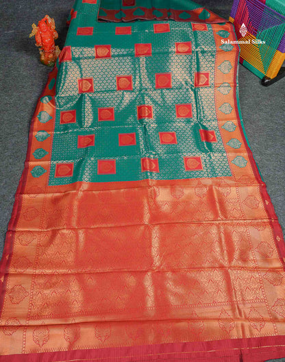 Semi Silk Saree - Peacock Green Colour Body With Contrast Chilly Red Border