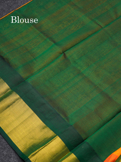 Beautiful Mango Yellow Plain Handloom Pure Silk Cotton Saree With Bottle Green Traditional Temple Border