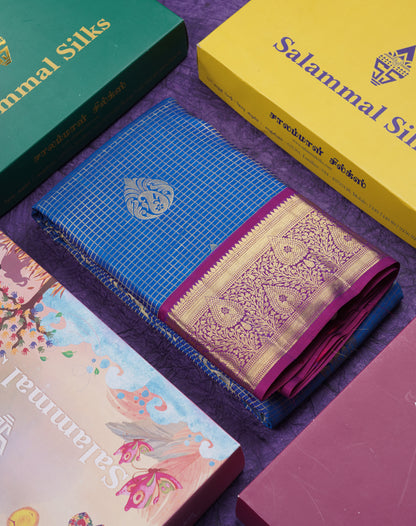 Beautiful Anandha Blue Pure Kanjivaram Silk Saree With Contrast Magenta Traditional Border