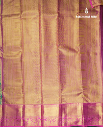Kanjivaram Green Pink Tissue Pure Silk Saree With Pink Border