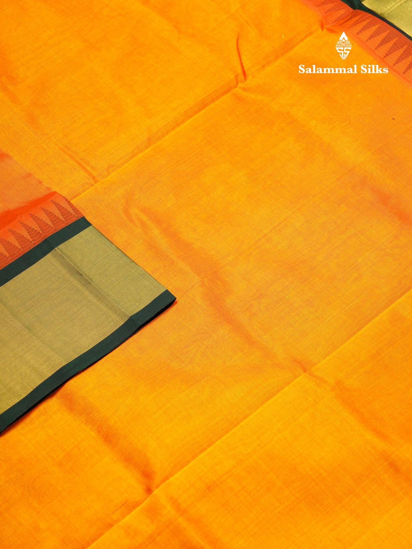Beautiful Mango Yellow Plain Handloom Pure Silk Cotton Saree With Bottle Green Traditional Temple Border