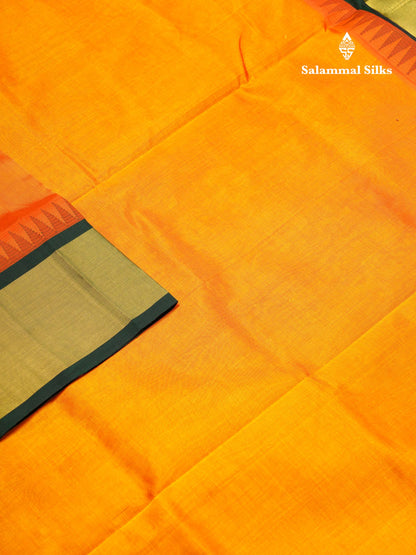 Beautiful Mango Yellow Plain Handloom Pure Silk Cotton Saree With Bottle Green Traditional Temple Border