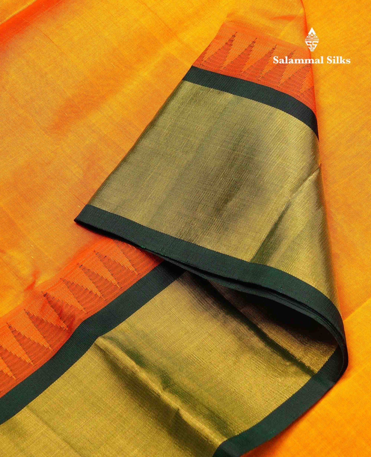 Beautiful Mango Yellow Plain Handloom Pure Silk Cotton Saree With Bottle Green Traditional Temple Border