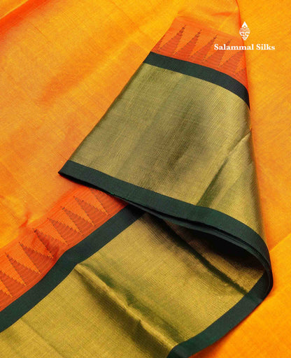 Beautiful Mango Yellow Plain Handloom Pure Silk Cotton Saree With Bottle Green Traditional Temple Border