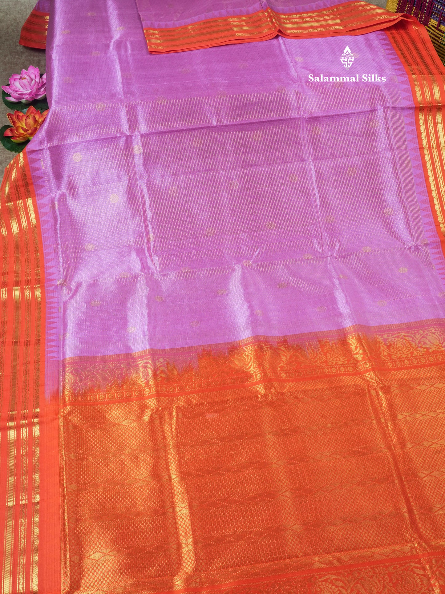 Lavender Tiny Zari Checks Pure Silk Cotton Saree With Contrast Orange Traditional Border