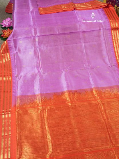Lavender Tiny Zari Checks Pure Silk Cotton Saree With Contrast Orange Traditional Border