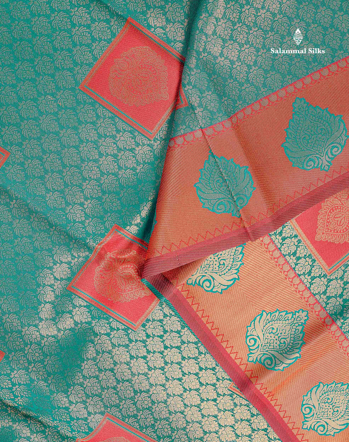 Semi Silk Saree - Peach Orange Colour Body With Contrast Teal Blue Border