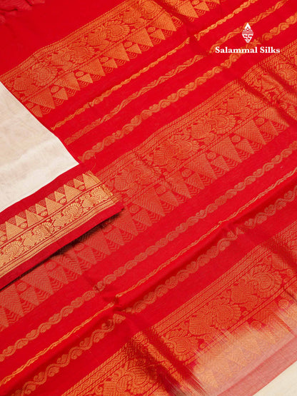 White Plain Pure Silk Cotton Saree With Contrast Chilly Red Traditional Border