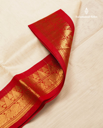 White Plain Pure Silk Cotton Saree With Contrast Chilly Red Traditional Border
