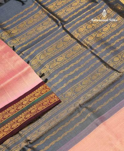 Onion Pink Pure Silk Cotton Saree With Contrast Dark Purple Traditional Border