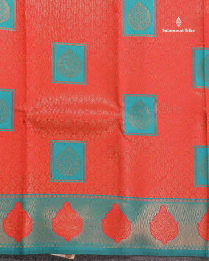 Semi Silk Saree - Peach Orange Colour Body With Contrast Teal Blue Border