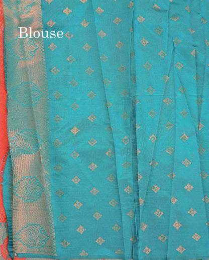 Semi Silk Saree - Peach Orange Colour Body With Contrast Teal Blue Border