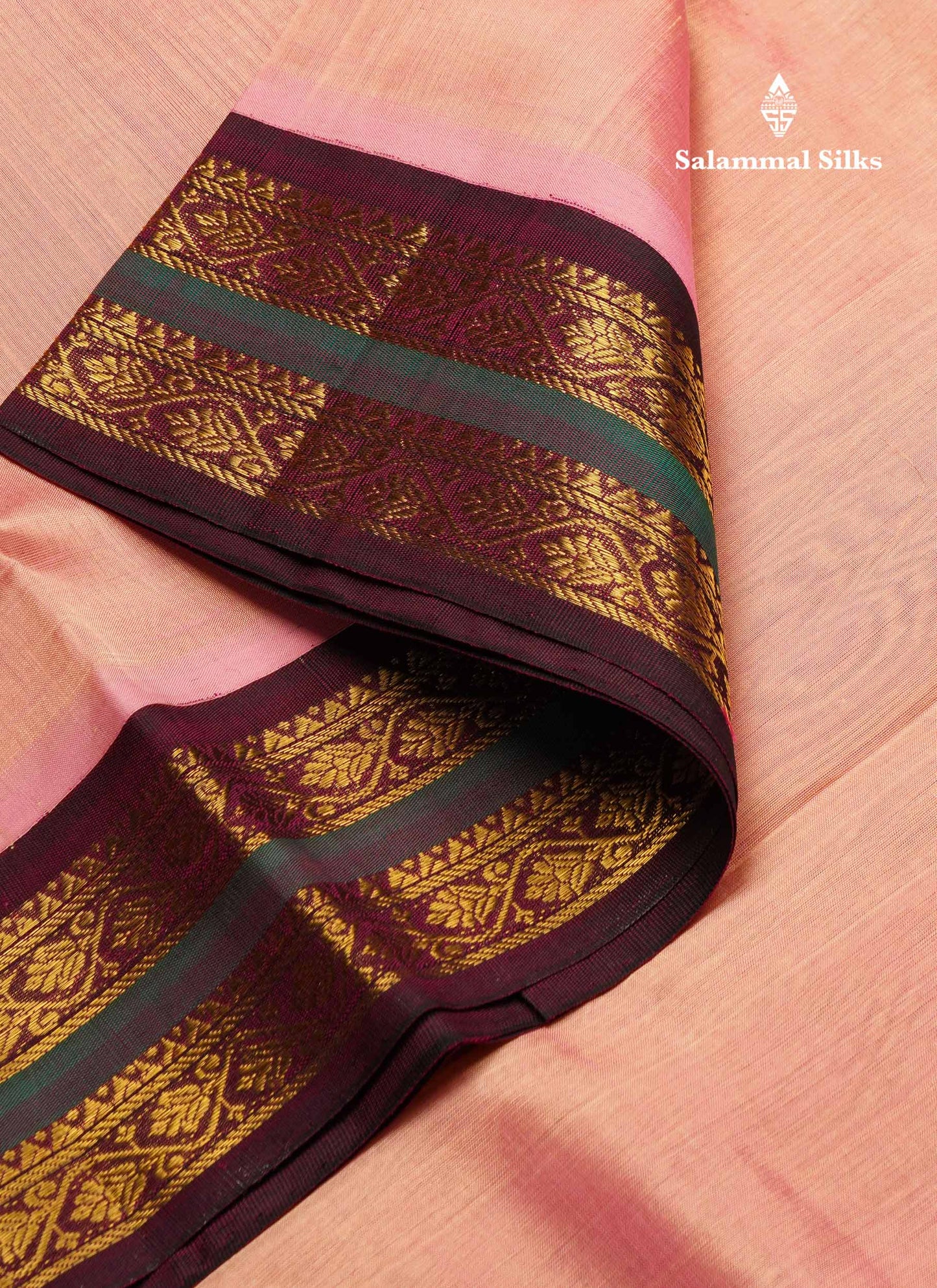 Onion Pink Pure Silk Cotton Saree With Contrast Dark Purple Traditional Border