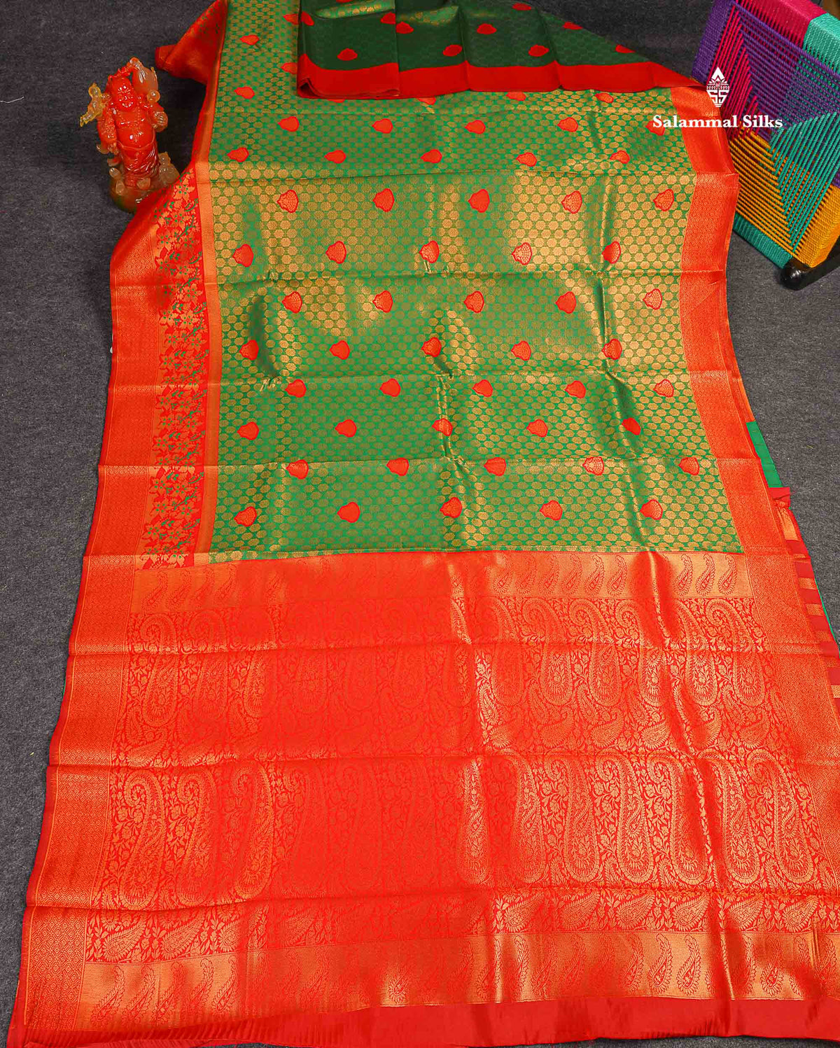 Semi Silk Saree - Green Colour Body With Contrast Chilly Red Fancy Border