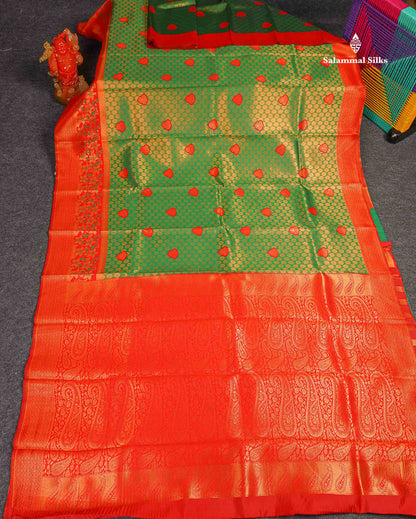 Semi Silk Saree - Green Colour Body With Contrast Chilly Red Fancy Border