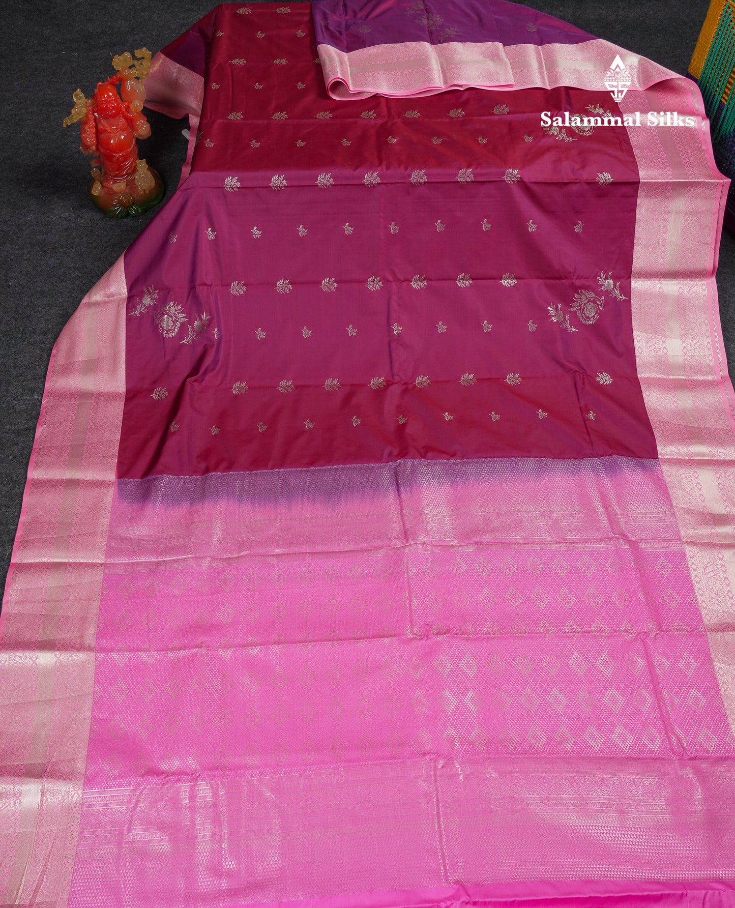 Beautiful Violet Semi Silk Saree With Contrast Baby Pink Traditional Border