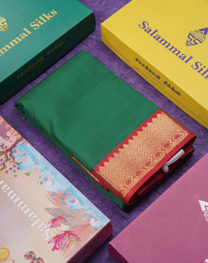 Beautiful Korvai Bottle Green Plain Pure Kanjivaram Silk Saree With Contrast Maroon Medium Traditional Border