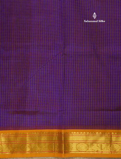 Violet Tiny Checks Pure Silk Cotton Saree With Contrast Mustard Yellow Traditional Border