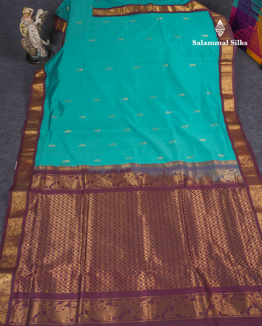 Sapphire Green 9.5 Yards Semi Silk Cotton Saree With Contrast Dark Brown Traditional Border