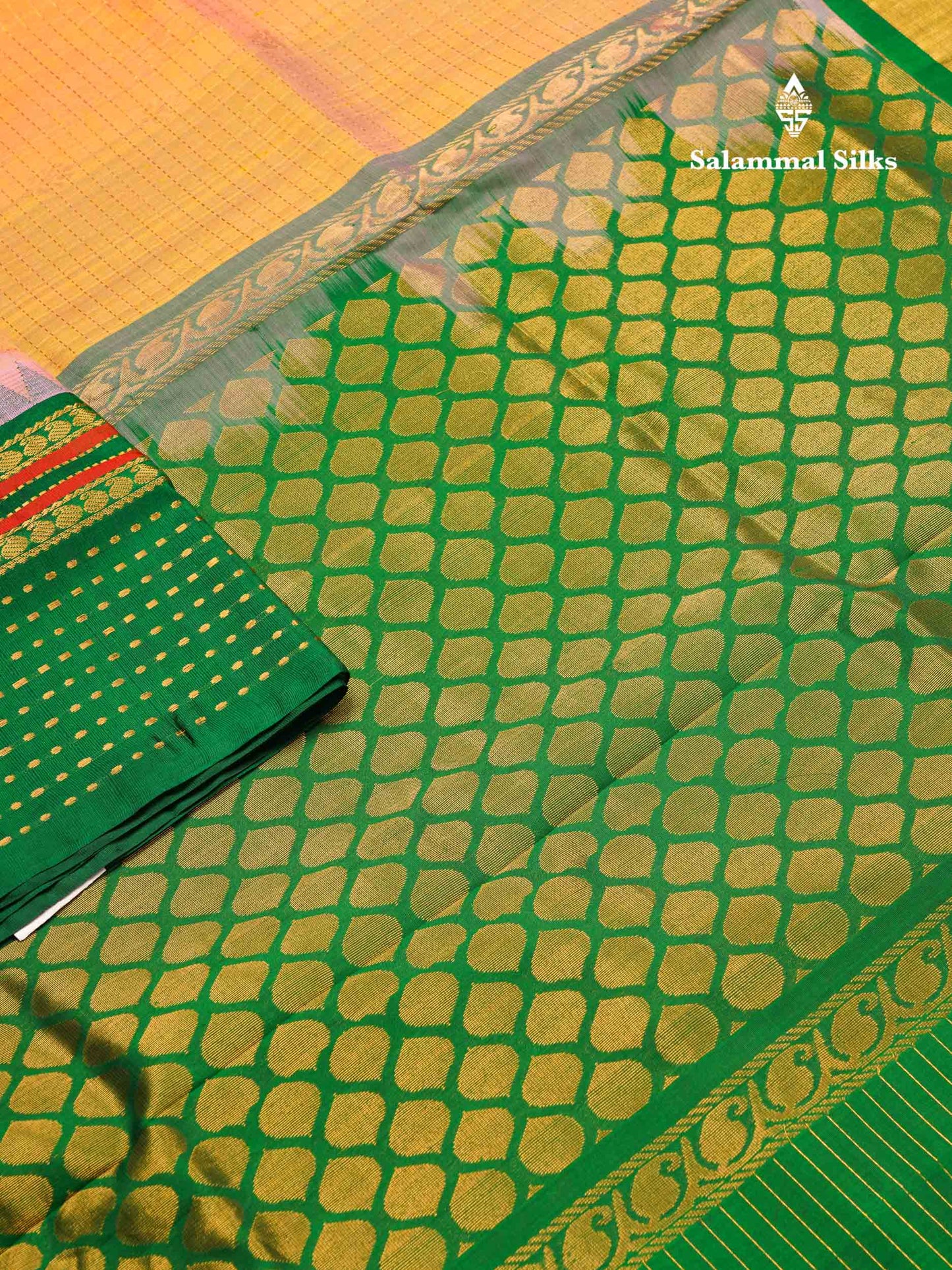 Beautiful Dual Tone Peach Zari Checks With Butta Pure Silk Cotton Saree With Contrast Green Traditional Evening Morning Border