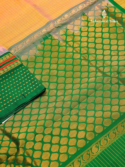 Beautiful Dual Tone Peach Zari Checks With Butta Pure Silk Cotton Saree With Contrast Green Traditional Evening Morning Border